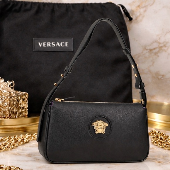 Versace Handbags - Versace Grained Calfskin Leather Shoulder Bag with Gold Medusa